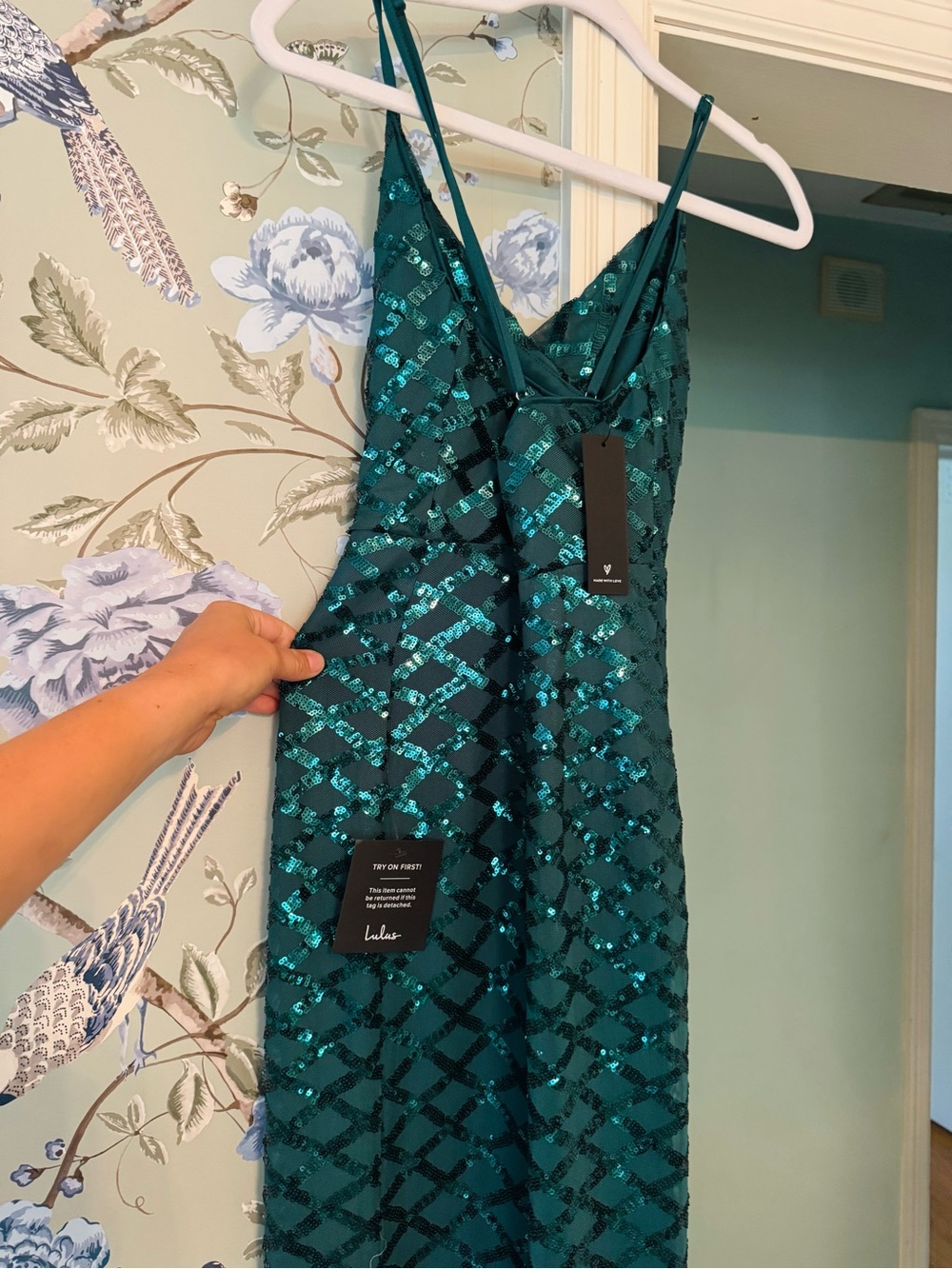 Lulu's Emerald Sequin Cowl Slip Gown - Picture 8 of 9
